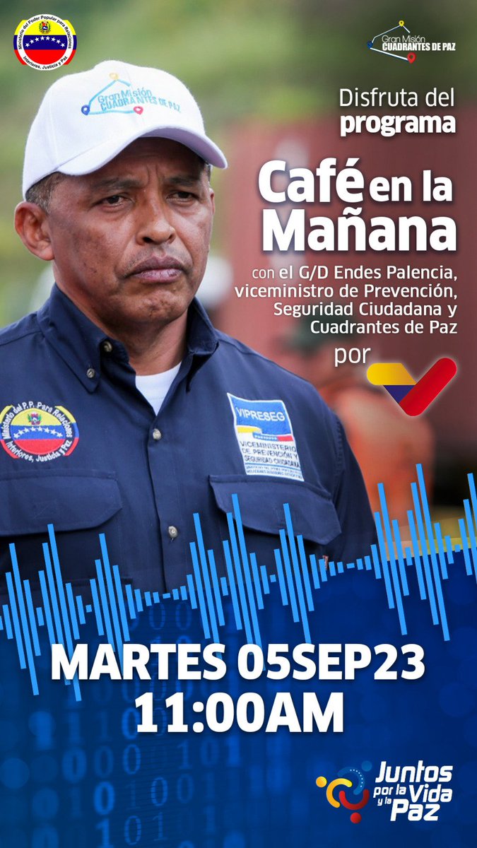 Disfruta hoy a las 11:00 am en <a href="/VTVcanal8/">VTV CANAL 8</a> en el programa <a href="/cafeenlamanana/">Café en la mañana</a> , la entrevista al G/D @palenciaEndes <a href="/VipresegOficial/">Viceministerio de Prevención y Seguridad Ciudadana</a> quien abordará el tema del "Fortalecimiento de los Cuadrantes de Paz" con <a href="/MichelCaballero/">Michel Caballero Palma</a> <a href="/emmacaroagurto/">EMMA CAROLINA AGURTO</a> 

#VidaYPazSonLaPremisa
