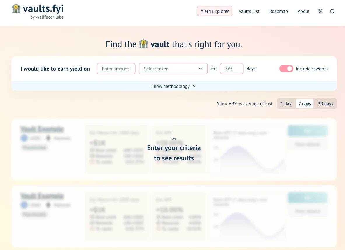 vaultsfyi's tweet photo. Today we finally are sharing more about ourselves here at https://t.co/DE20Lsfs2i! 

We are building the best tool to find and verify on-chain yields. 

We aim to be your default stop for exploring on-chain yield opportunities. https://t.co/5XZE7pKPB6