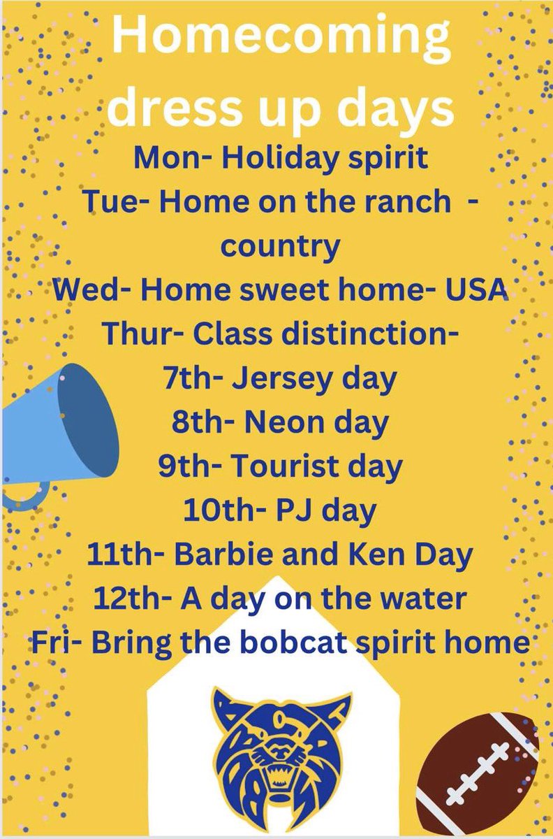 BentonComm_SC's tweet photo. 🟡Hoco is approaching quick! Here’s what our bobcats need to know! Let’s Bring Home The Bobcat Spirit!🔵 https://t.co/Ena1CSUan8
