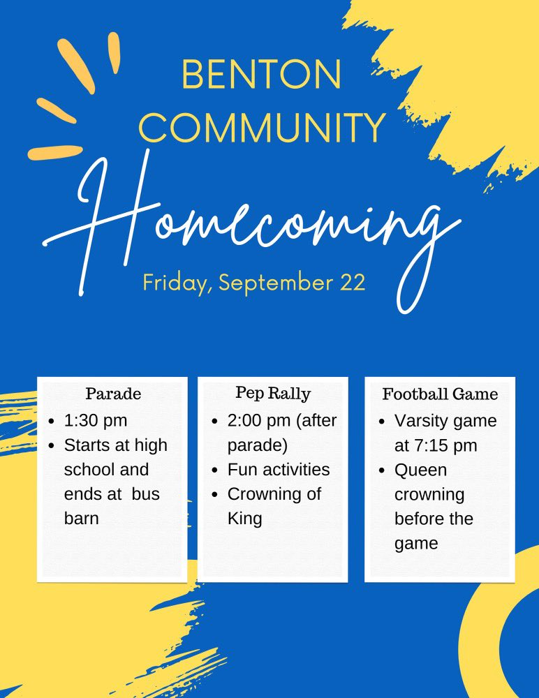 BentonComm_SC's tweet photo. 🟡Hoco is approaching quick! Here’s what our bobcats need to know! Let’s Bring Home The Bobcat Spirit!🔵 https://t.co/Ena1CSUan8