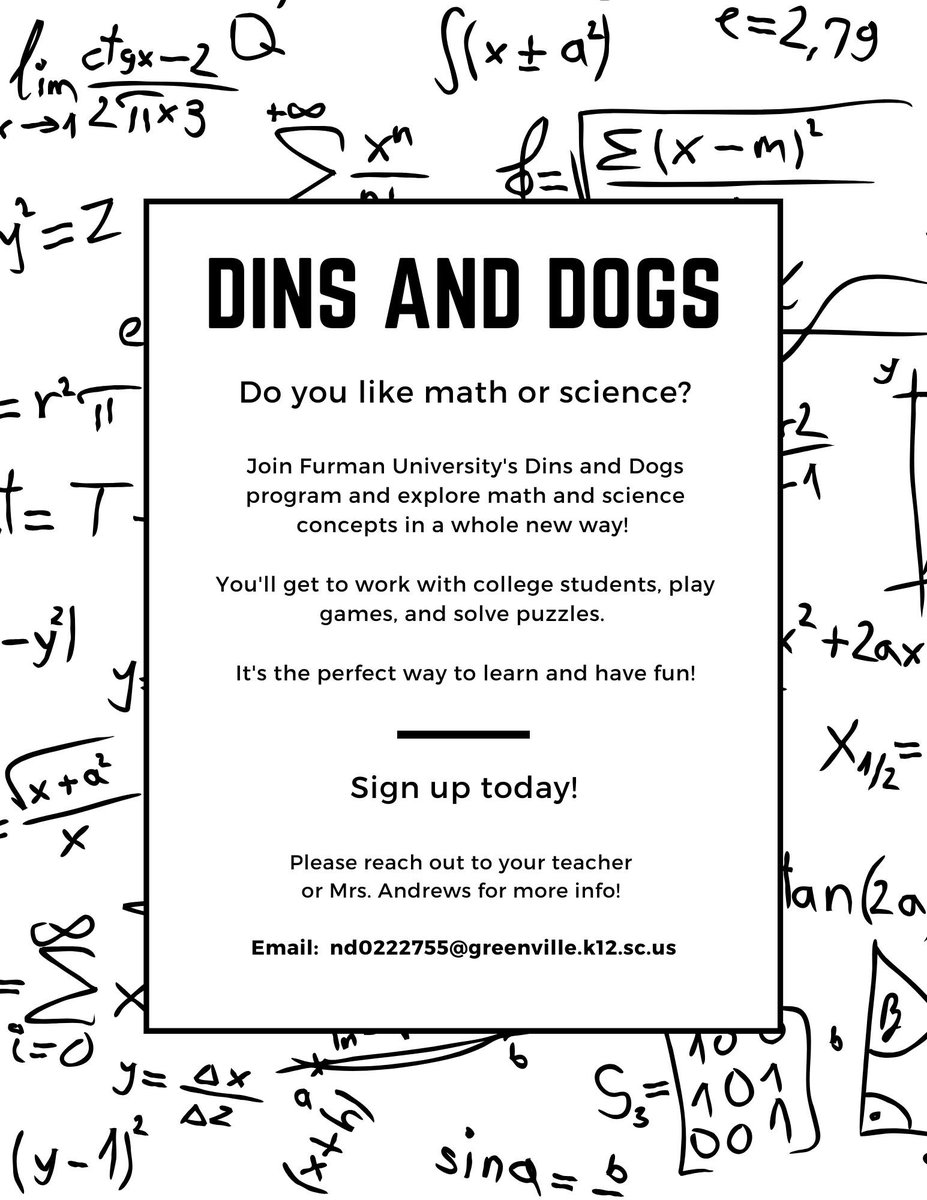 BereaBulldogsMS's tweet photo. ๐ Like science or math? Our Dins and Dogs group is looking for approximately 30 students to participate in this after school activity.
๐๐ฝ Reach out to Ms. Andrews for more information on this partnership with Furman University!
#lovesupportaccountability #workhardbekind https://t.co/dvblqWzDPH