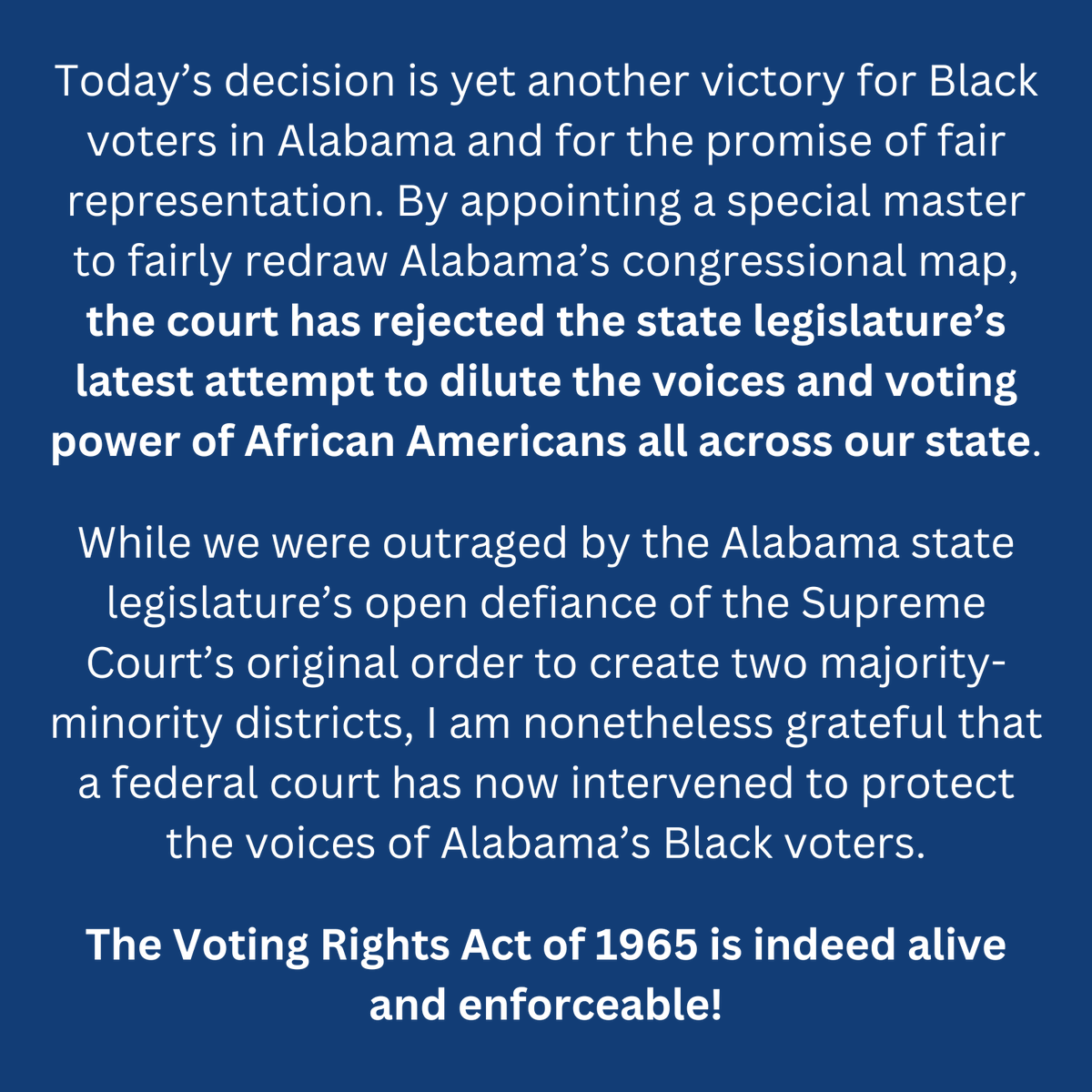 RepTerriSewell's tweet photo. NEWS: A federal court just struck down the Alabama state legislature's 2023 redistricting plan and directed a special master to fairly redraw our congressional maps.

This is yet another victory for Black voters and the promise of fair representation!

Read my full statement. 👇🏾 https://t.co/WJfzInpsj4