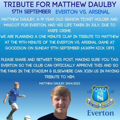 SamPark61662173's tweet photo. Please RT &amp; tag @Everton We want to ensure this tribute happens with Everton’s official blessing, for our amazing Matthew. It can only happen if we attract enough support here, so please share this with as many as you can, especially fans, making sure you tag @Everton 🙏🏼 https://t.co/cFnbWcAMcL