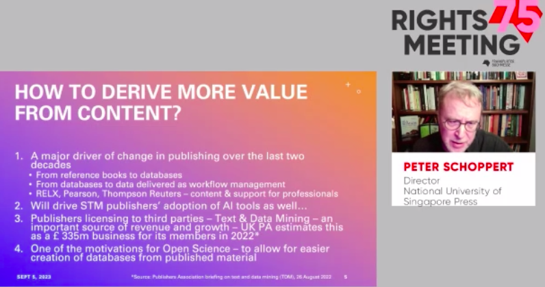 Book_Fair's tweet photo. Fascinating presentation by Peter Schoppert, Director of National University of Singapore Press, is currently presenting the challenges we face from text and data mining, and asks how we can derive more value from content #FRM23 #fbm23 https://t.co/Rwo9NUC62a