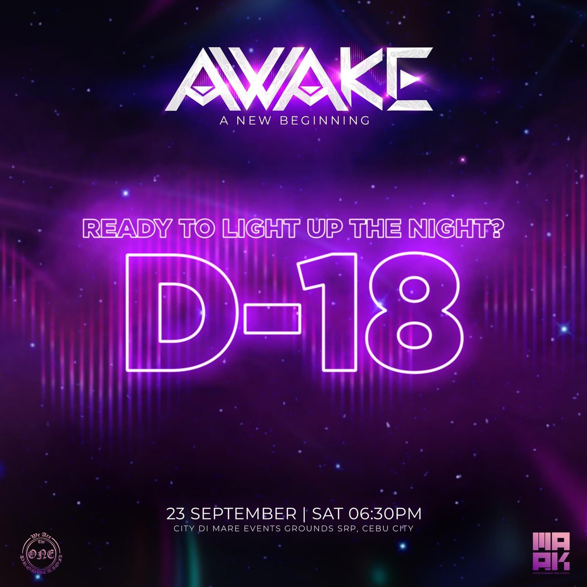 themarkprod's tweet photo. The countdown begins! ⏲️

Now it’s just 18 days until you get to see your favorite artists at AWAKE, Cebu's first-ever K-pop concert, as they take over City Di Mare on September 23, 2023. 

https://t.co/ZWOVGtUx5t 

#CebuIsAwake #AWAKECebu2023 https://t.co/NfaLZ7drMl