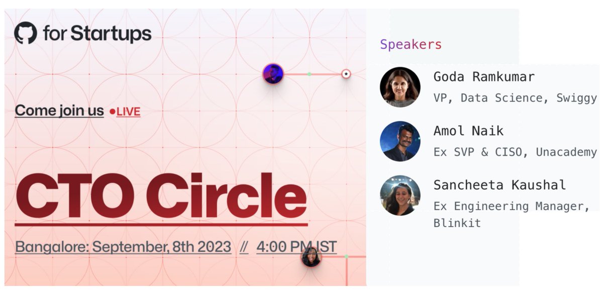 GitHubIndia's tweet photo. Calling all tech leaders to join us for an enriching evening of networking and innovation, with renowned industry leaders @drgoda ; @amolnaik4 ; @sanchee15
🚀 Reserve your spot by registering at https://t.co/LeyUDERRzt 
Limited seats only🔥 
#GitHubCTOCircle #GitHubForStartups https://t.co/0c6cO1PjpX