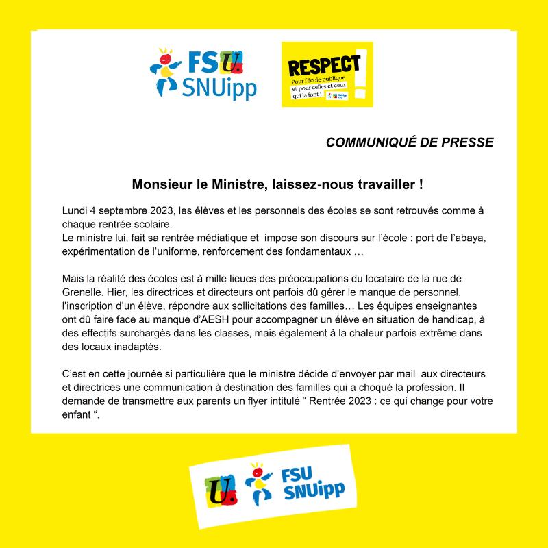 FSU_SNUipp's tweet photo. Le MEN demande aux personnels de diffuser sa com. mensongère. La FSU-SNUipp appelle à ne pas diffuser ce flyer.
#Respect #SensDesPriorités #DesMoyensPourLécole #LaissezNousTravailler #LaRentréeEnVrai https://t.co/bP5x1rzo5o