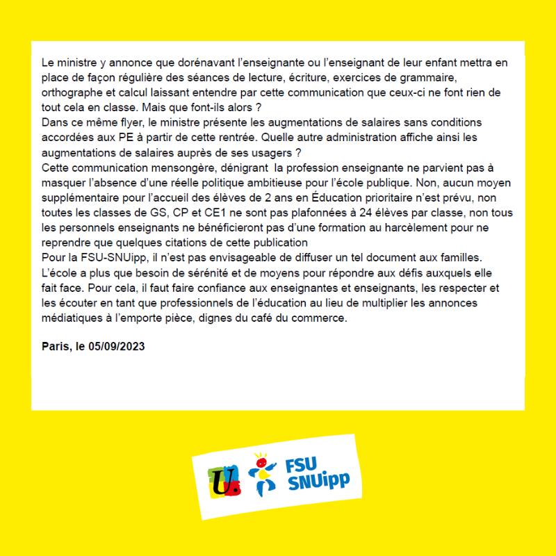 FSU_SNUipp's tweet photo. Le MEN demande aux personnels de diffuser sa com. mensongère. La FSU-SNUipp appelle à ne pas diffuser ce flyer.
#Respect #SensDesPriorités #DesMoyensPourLécole #LaissezNousTravailler #LaRentréeEnVrai https://t.co/bP5x1rzo5o