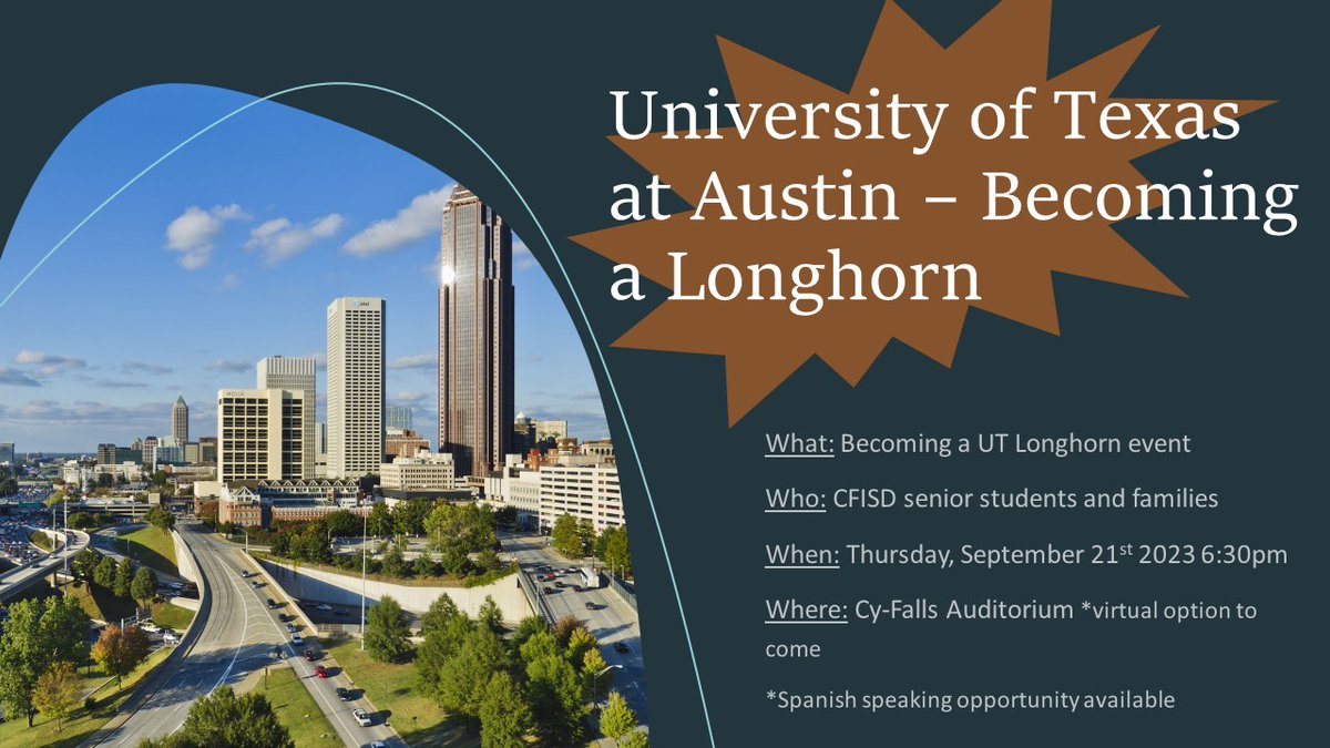 BridgelandCCS's tweet photo. SENIOR BEARS!!! Want to know what it takes to become a Longhorn at the University of Texas at Austin? Check out the flyer, save the date, and make plans to attend this info session being held specially for CFISD Seniors! #BearsOut
*A Spanish session will run concurrently.* https://t.co/li8kup2t5a