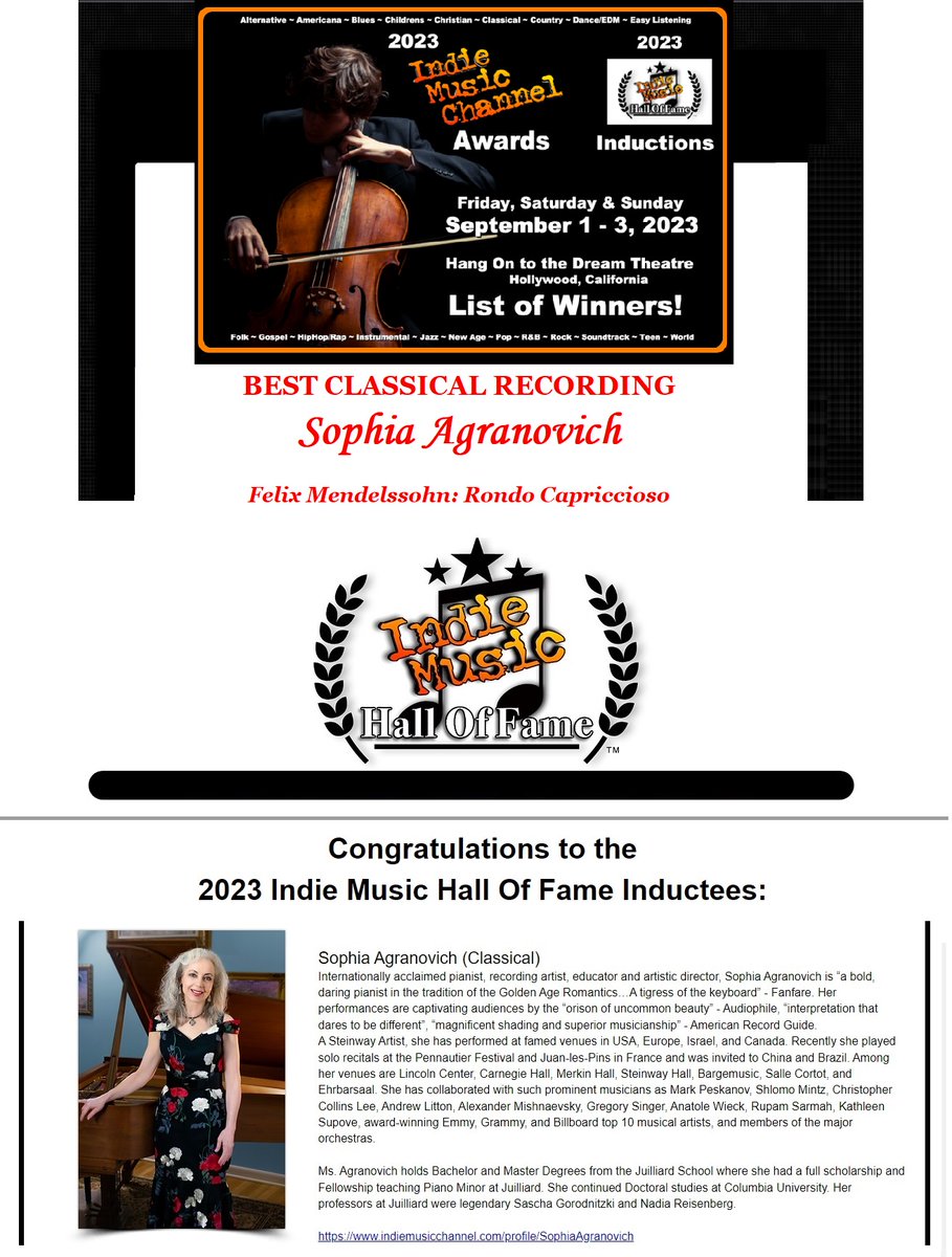 SophiAgranovich's tweet photo. Extremely honored and grateful to win #BestClassical #Recording category and be inducted into the #HallOfFame by the Indie Music Channel Awards 2023!!! Thank you, #indiemusicchannel, judging panel and Christopher Ewing! Congratulations to all the nominees and winners! https://t.co/eWQ7iDeLtG