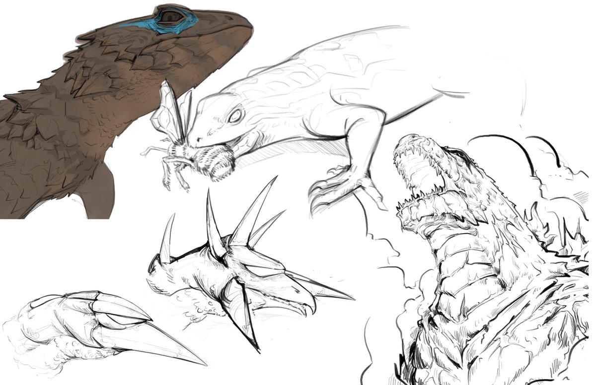 ChipyRayArt's tweet photo. Sketches I made over the weekend! Threw in some Godzilla at the end after seeing the new #godzillaminusone trailer. https://t.co/W2JhcoMI8i