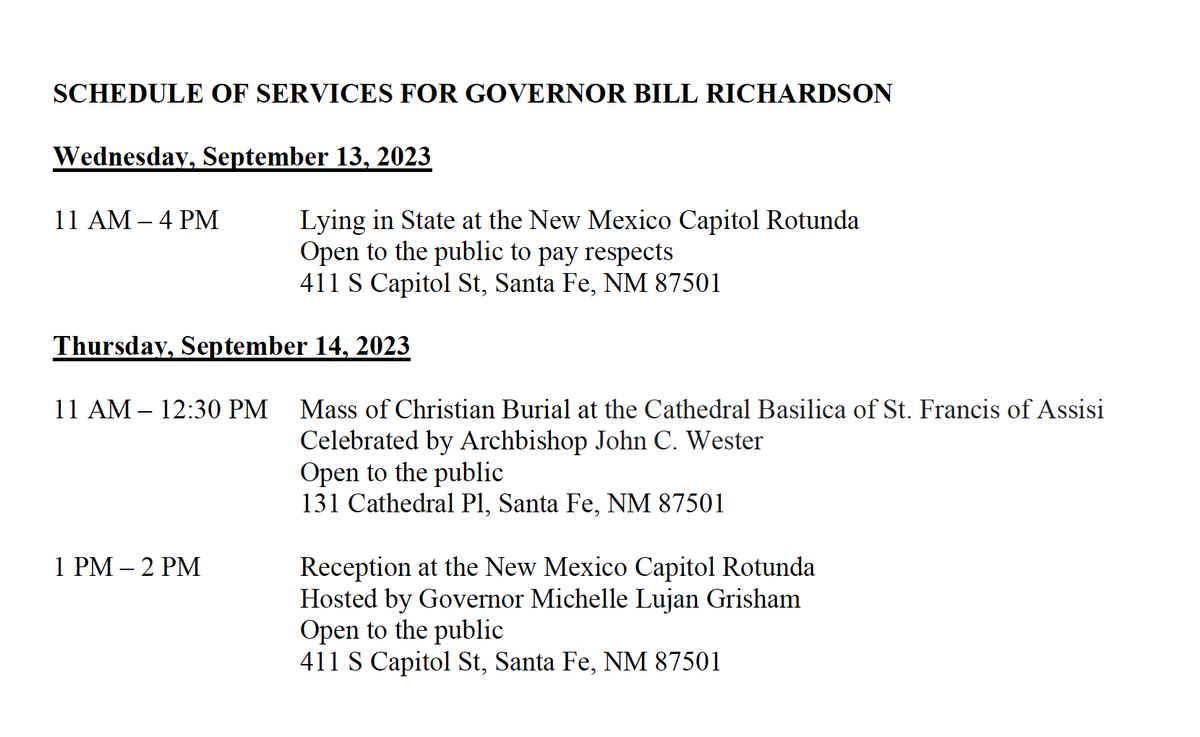 SCHEDULE OF SERVICES FOR GOVERNOR BILL RICHARDSON