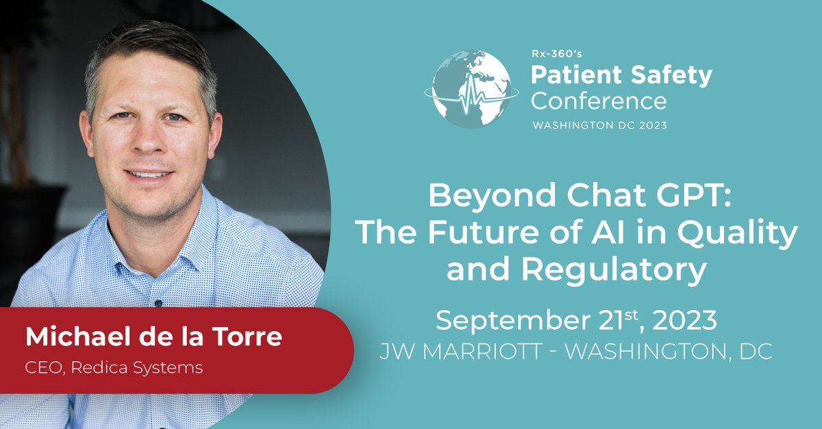 AI has taken the world by storm, and fast! Register for the 2023 Patient Safety Conference to learn about up and coming topics in the pharma industry, including Michael de la Torre speaking on the future of AI in quality and regulatory.
Visit: rx-360.org/conference-202…
