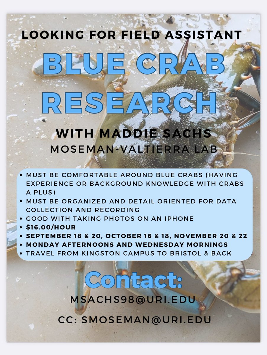If you know of any URI undergraduates looking to get field experience in marine science please send them my way! 🦀