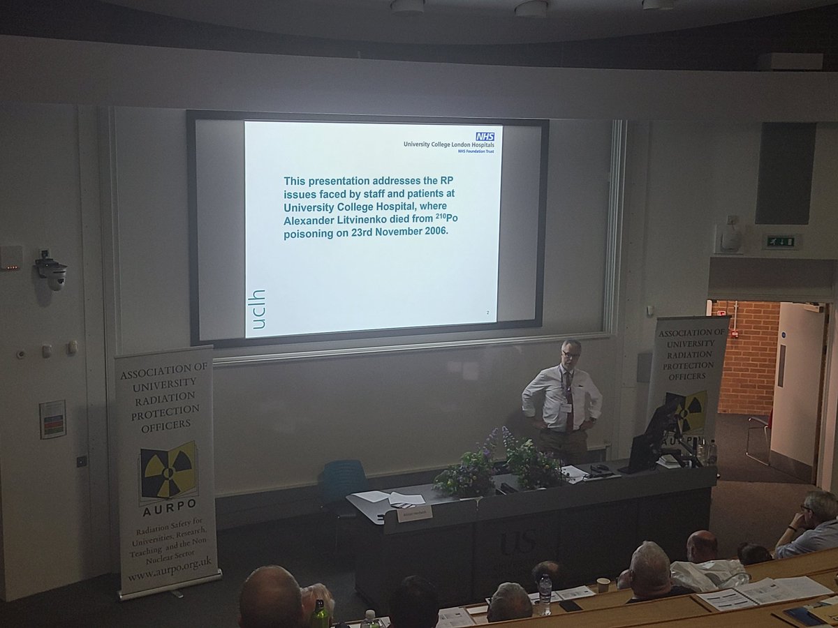 Pete Marsden giving a reflective presentation addressing the #radiationprotection issues faced by staff and patients at University College Hospital following Litvinenko poisoning #Aurpo2023