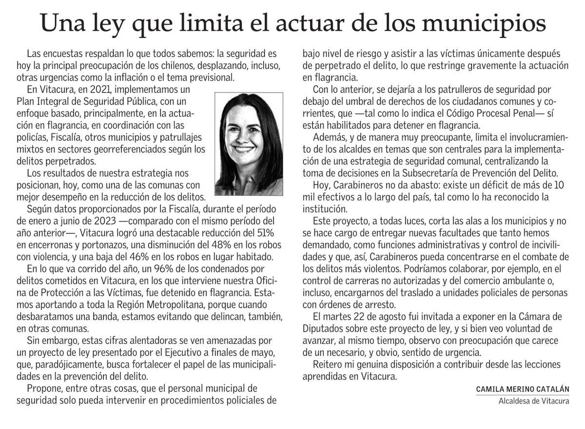 cmerinoc's tweet photo. Los alcaldes sabemos que la principal demanda de las personas es mayor seguridad. Por eso preocupa que el proyecto con que el Gobierno busca normar el rol municipal en seguridad, limite nuestro actuar y no nos entregue las facultades que tanto hemos pedido.

Comparto carta. https://t.co/sLZ4Shd6u2