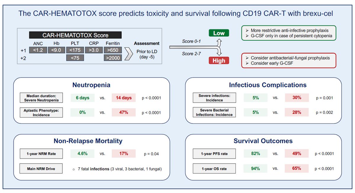 AjHematology's tweet photo. Baseline CAR-HEMATOTOX score identifies high-risk candidates for prolonged cytopenias, severe infections & poor treatment outcomes post CD19 CAR-T therapy w/brexucabtagene autoleucel #MCL #CAR-T #hematotoxicity #infections #lymsm @MoffittNews @LMU_HaemOnk
https://t.co/3DmOC4woMY https://t.co/zBdnhKZRt8