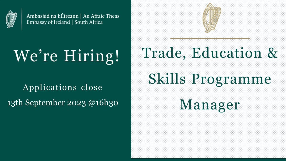 Looking to take your career to whole a new level?
<a href="/IrlEmbPretoria/">Irish Embassy Pretoria</a> is seeking an experienced and highly motivated professional with strong communication and interpersonal skills to fill a full-time Trade, Education and Skills Programme manager position. ireland.ie/en/southafrica…