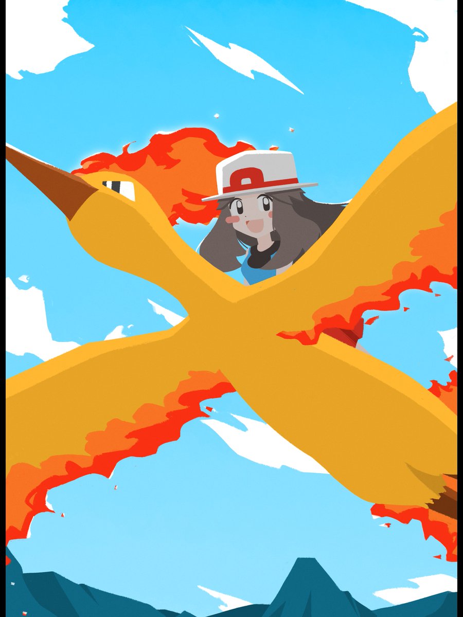leaf (pokemon) 1girl pokemon (creature) hat sky riding pokemon smile open mouth  illustration images