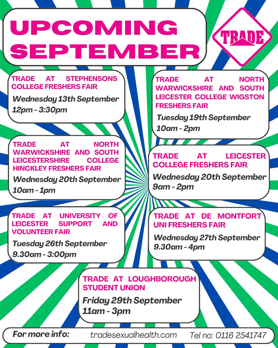 Upcoming in September 😃 

Trade has lot's happening. Have a look at the calendar of events and catch us at these places. 🏳️‍🌈

#LGBTQIA #LGBT #lgbtleicester #pridemonth #pride #sexualhealth #sexualhealthmatters #SexPositive #stitesting #stihealth #wellbeing #STIs