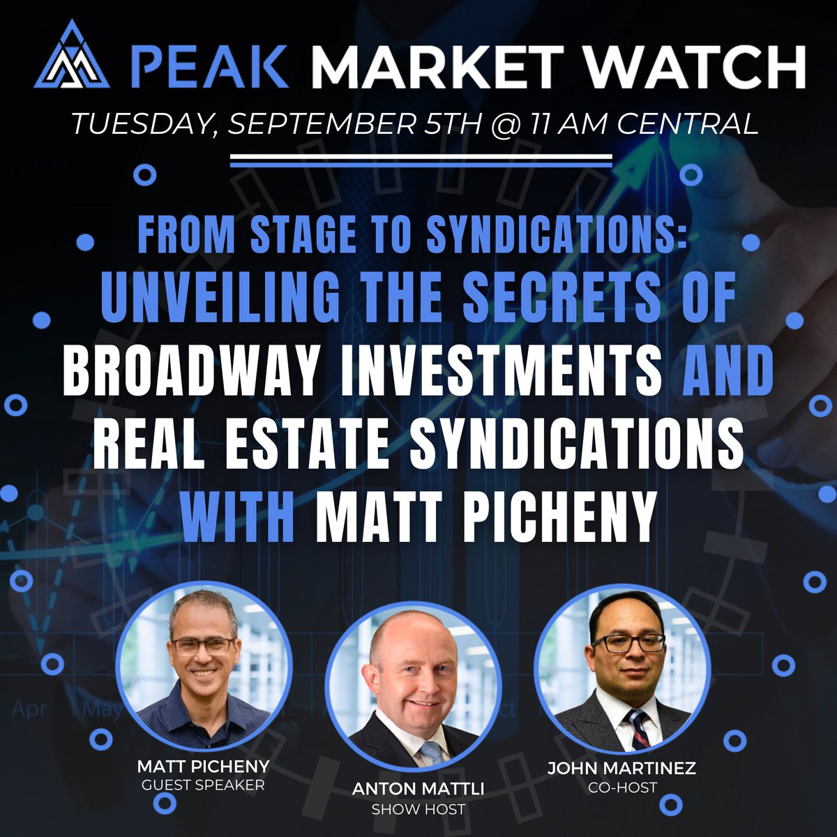 peak_financing's tweet photo. Join us TODAY for another Peak Market Watch episode September 5th, Tuesday, 11am Central. Matt Picheny, Founder and CEO of Picheny, LLC  joins Peak Financing CEO and Co-Founder Anton Mattli, and John Martinez, Peak Financing Director Loan Originations. https://t.co/fld4cIS9WH