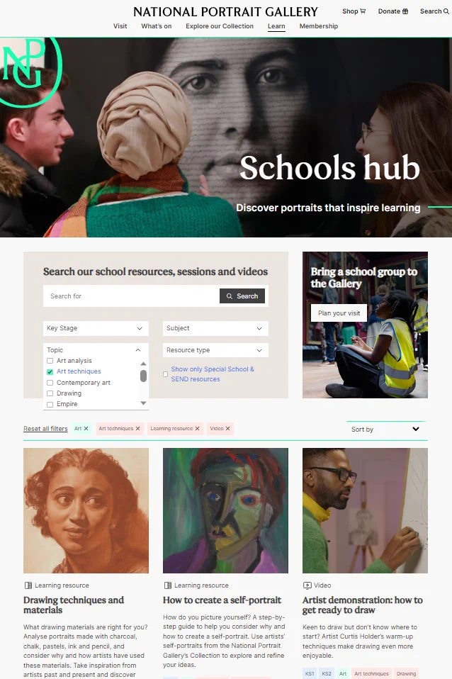 A screenshot of the Schools hub landing page