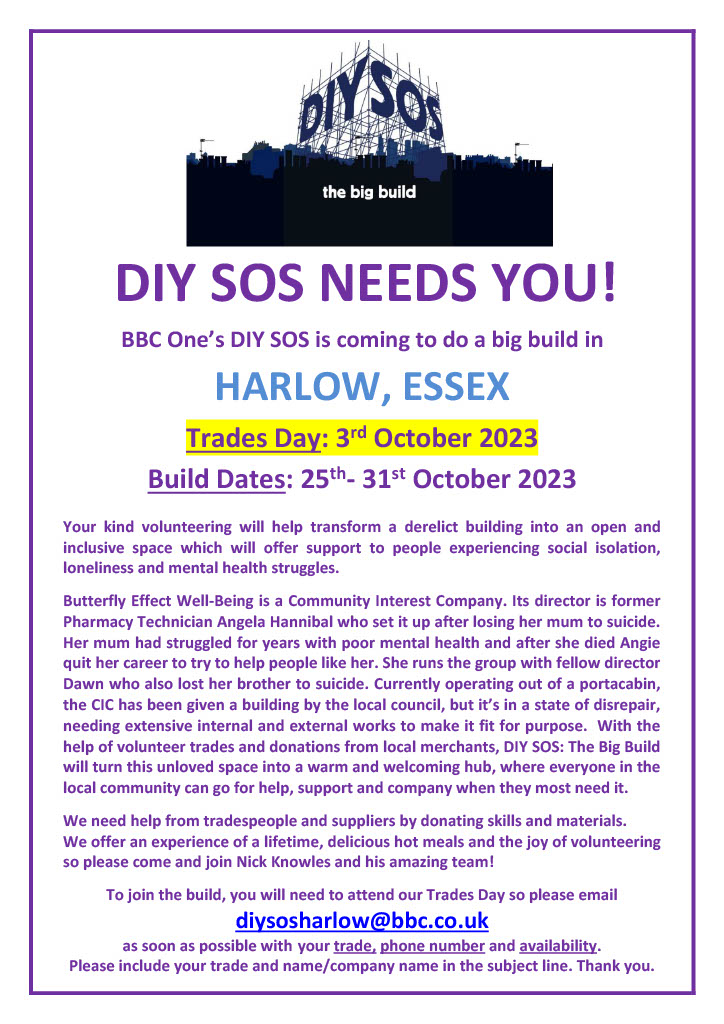 We're really excited to announce that #DIYSOS - The Big Build will be coming to Harlow, Essex! Check out the flyer below for more information. 👇 Any personal information you provide will be held in accordance with our privacy policy: productions.bbcstudios.com/privacy-policy