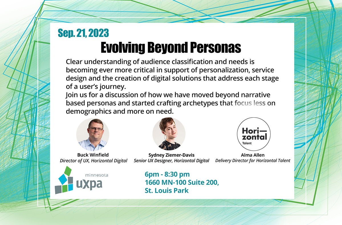 Our September event is here for our UXPA-MN members! Check it out:
Evolving Beyond Personas
Taking Informed Actions to Answer Real Needs
Thursday, Sep. 21st; 6pm - 8:30pm
REGISTER and more info HERE: uxpamn.org/event-5391998
#uxdesign #UserExperience #uxpa
