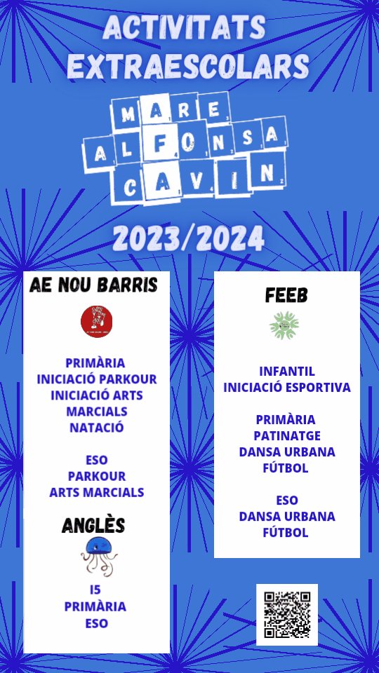 afamacavin's tweet photo. Hola famílies comencen aquest curs 2023/24 amb noves activitats extraescolars 
▪️Anglès 
▪️Fútbol
▪️Dansa
▪️Patinatge
▪️Parkour
▪️Arts Marcials
▪️Natació 

 *L'activitat de Natació ja està tancada, però tenim la resta d'activitats obertes encara.

https://t.co/QqeKN8oFsq https://t.co/hnQ423HDr3