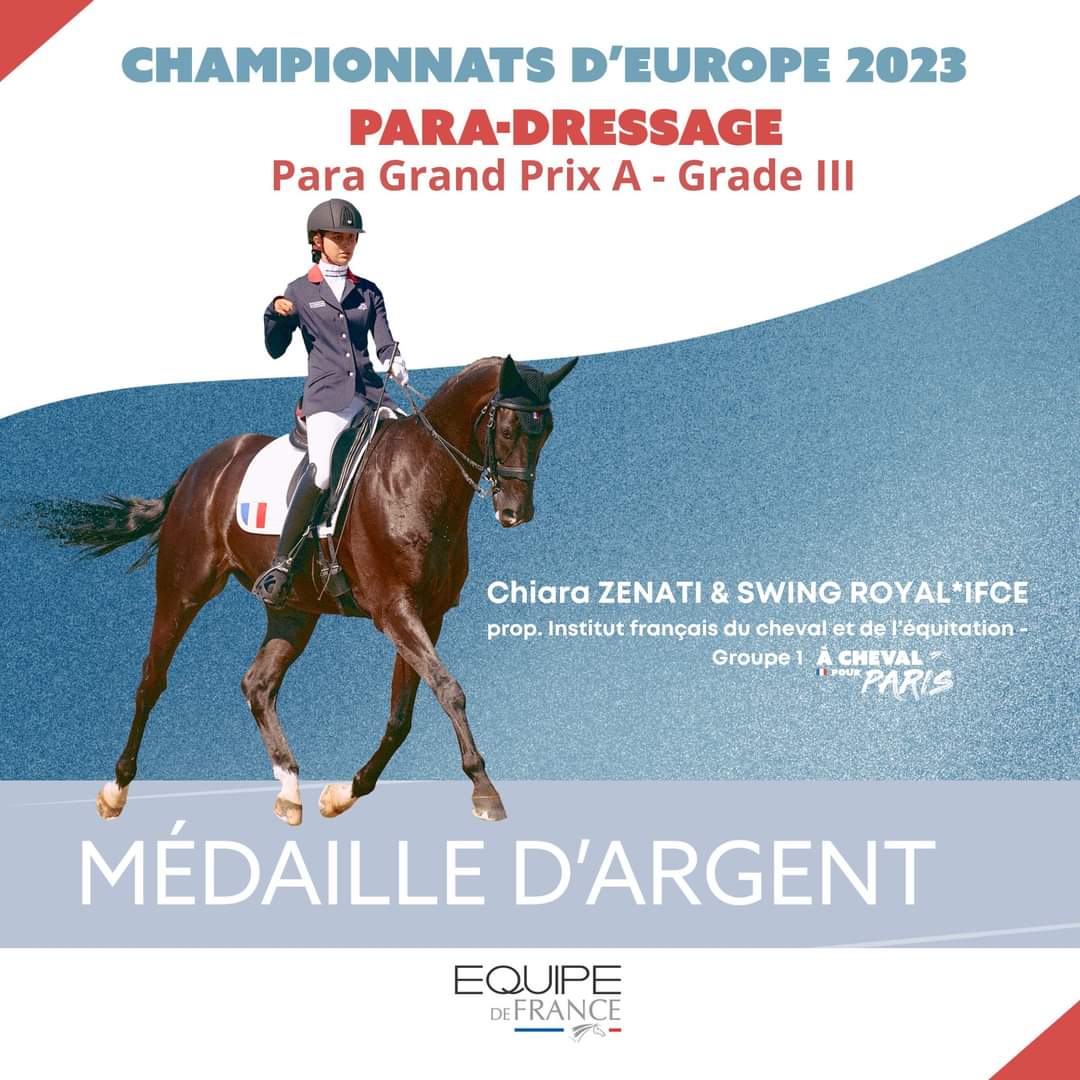 #Euro2023 #paradressage
🔥Quelle entrée en matière pour les Bleus avec une magnifique médaille d'argent individuelle en Grade III décrochée par Chiara Zenati &amp; Swing Royal*IFCE prop. Institut français du cheval et de l'équitation 🤩🥈
 longinestiming.com/equestrian/202…