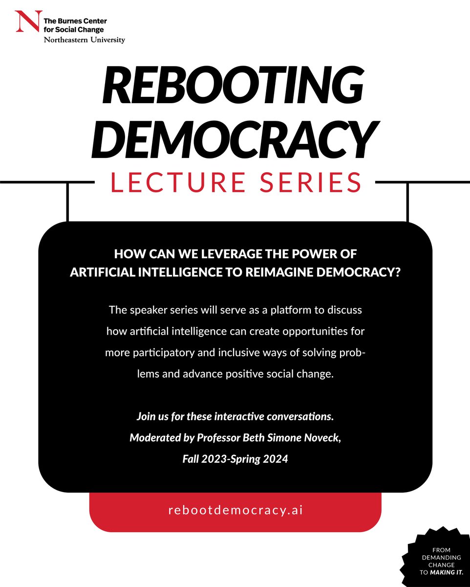 The Burnes Center For Social Change (@burnescenter) on Twitter photo How can we leverage the power of AI to reimagine democracy?
Join the <a href="/BurnesCenter/">The Burnes Center For Social Change</a> and <a href="/TheGovLab/">The GovLab</a> for the Rebooting Democracy in the Age of #AI Lecture Series and talk with innovative designers, thinkers, and changemakers: Learn more: rebootdemocracy.ai How can we leverage the power of AI to reimagine democracy?
Join the <a href="/BurnesCenter/">The Burnes Center For Social Change</a> and <a href="/TheGovLab/">The GovLab</a> for the Rebooting Democracy in the Age of #AI Lecture Series and talk with innovative designers, thinkers, and changemakers: Learn more: rebootdemocracy.ai
