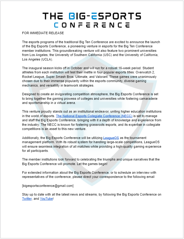 BigEsportsConf's tweet photo. 𝑶𝑭𝑭𝑰𝑪𝑰𝑨𝑳 𝑷𝑹𝑬𝑺𝑺 𝑹𝑬𝑳𝑬𝑨𝑺𝑬
Formation of The Big Esports Conference (BEC)
𝑃𝑜𝑤𝑒𝑟𝑒𝑑 𝑏𝑦 @neccgames @League_OS  
https://t.co/oRjxVh8GWj https://t.co/bOxsq5A08o