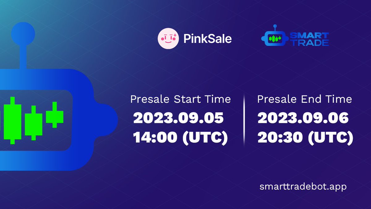 #SmartTrade - BSC

You have the opportunity to participate in our presale right now, access the link below🤝

🔹 Presale - pinksale.finance/launchpad/0x83…
🔹 Website - smarttradebot.app
🔹 TG - t.me/SmartTradePort…

#Crypto #Pinksale #BSC