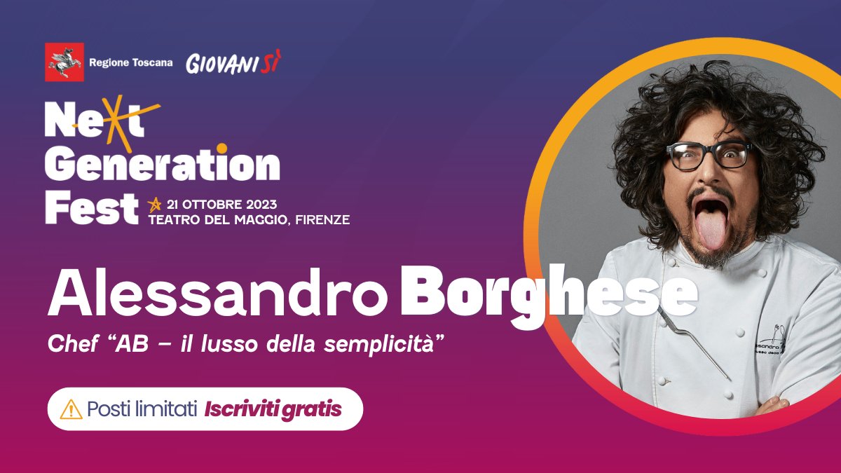 giovanisi (@giovanisi) on Twitter photo NGF23 - ON STAGE!
Chef, autore e conduttore di programmi tv: anche <a href="/BorgheseAle/">Alessandro Borghese</a> salirà sul palco di NGF 2023! Iscriviti gratis: giovanisi.it/nextgeneration…
I posti sono limitati!
🔜 𝗦𝗮𝗯𝗮𝘁𝗼 21/10/23 (𝟭𝟬-𝟮𝟯)
📍 𝗧𝗲𝗮𝘁𝗿𝗼 𝗱𝗲𝗹 𝗠𝗮𝗴𝗴𝗶𝗼 (𝗙𝗜)
#NGF23 NGF23 - ON STAGE!
Chef, autore e conduttore di programmi tv: anche <a href="/BorgheseAle/">Alessandro Borghese</a> salirà sul palco di NGF 2023! Iscriviti gratis: giovanisi.it/nextgeneration…
I posti sono limitati!
🔜 𝗦𝗮𝗯𝗮𝘁𝗼 21/10/23 (𝟭𝟬-𝟮𝟯)
📍 𝗧𝗲𝗮𝘁𝗿𝗼 𝗱𝗲𝗹 𝗠𝗮𝗴𝗴𝗶𝗼 (𝗙𝗜)
#NGF23