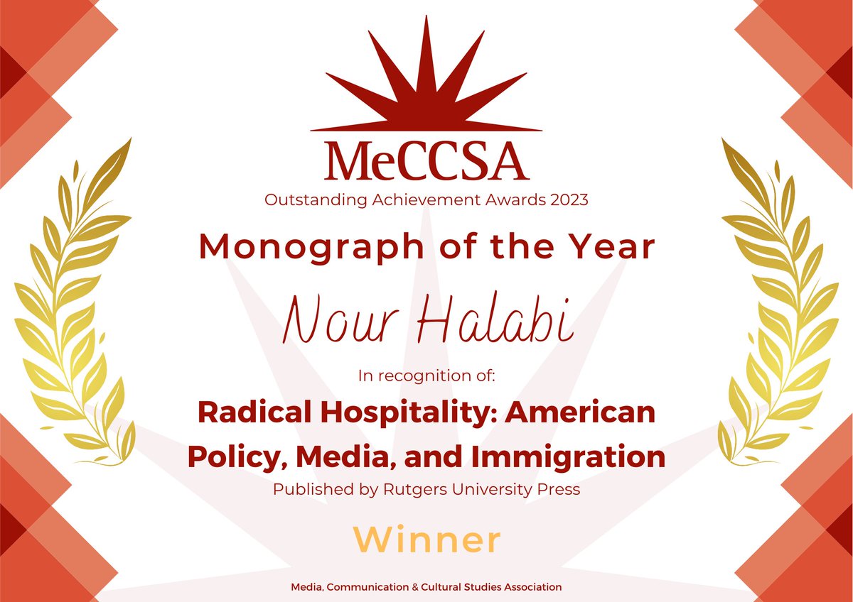 Congratulations to Nour Halabi for winning MeCCSA Monograph of the Year! #MeCCSA2023