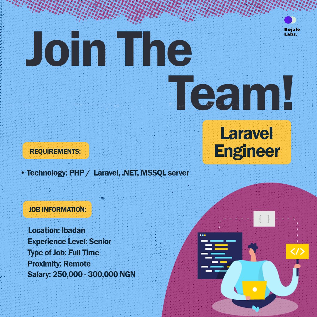 Bojalelabs's tweet photo. •Hiring: Laravel Engineer

•Location: Ibadan(Remote)

•Experience: Senior

•Technology: PHP / Laravel, .NET, MSSQL server

•Salary: 250,000 - 300,000 NGN  

Apply here👇:
https://t.co/thvp1nkRZh https://t.co/FyoNF1dhpf