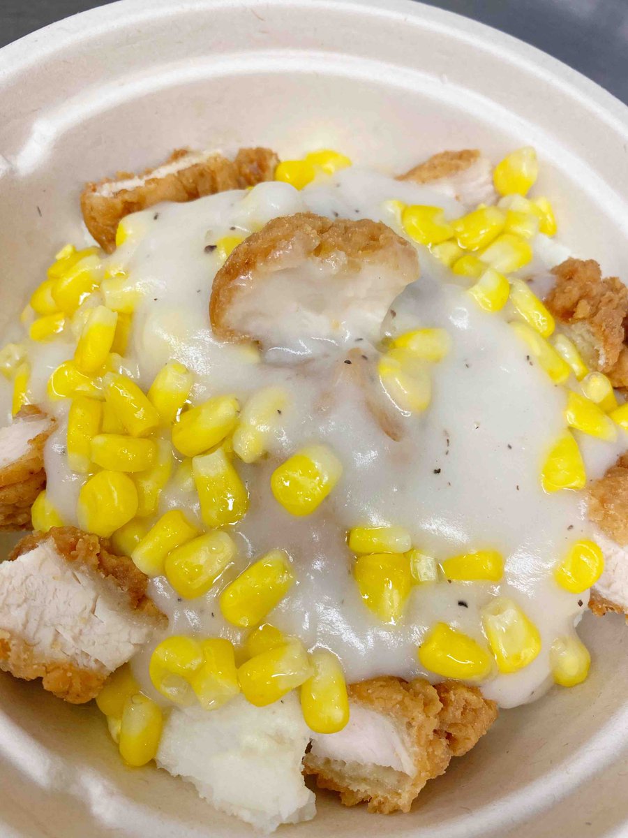 Chicken Bowls on the menu today! 

Mashed potatoes, crispy or grilled chicken, corn, and gravy for $5.99