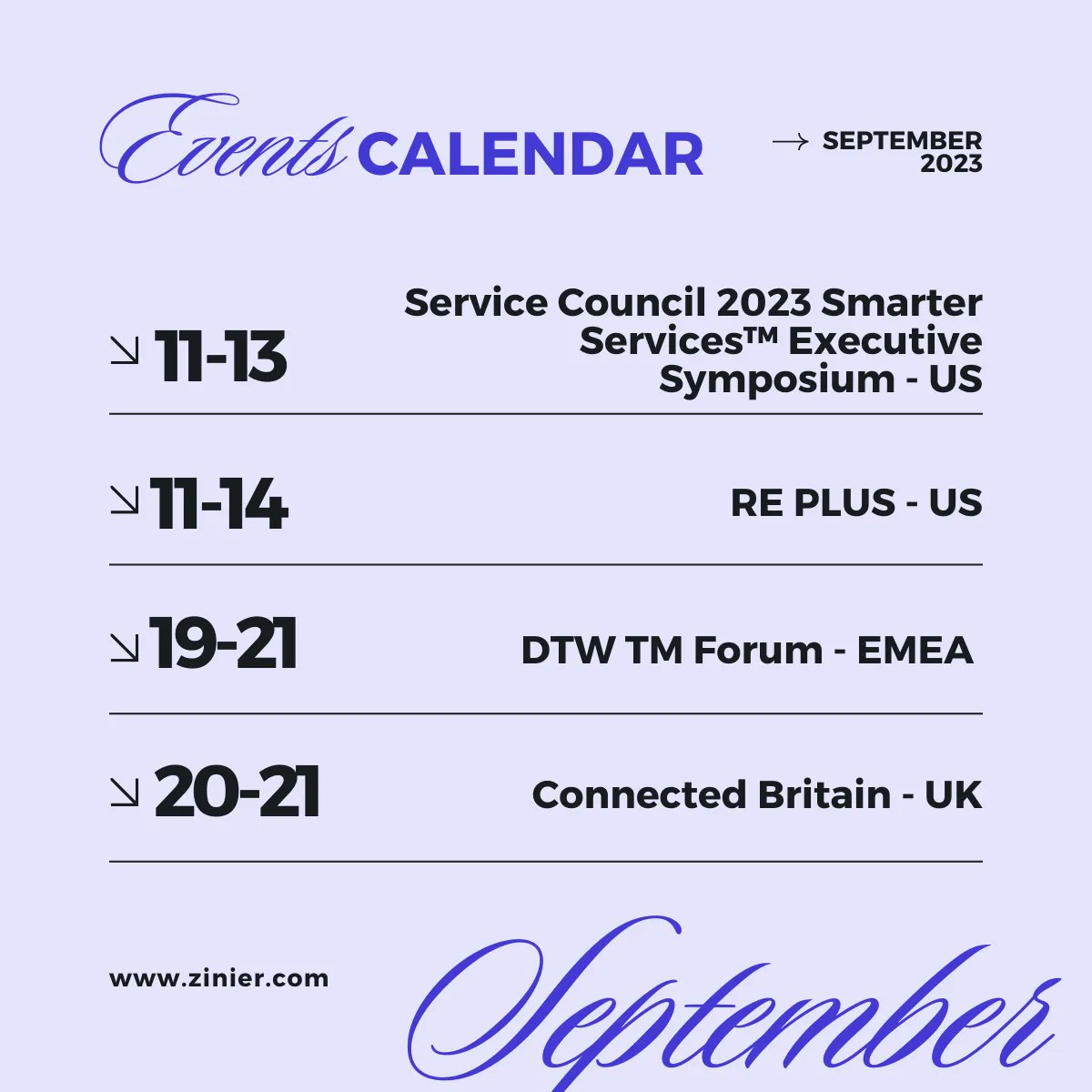 zinier's tweet image. Join us this September at top industry events:
🌟 Service Council Smarter Services™ Symposium @tservicecouncil
🌐 DTW TM Forum @tmforumorg
🚀 RE PLUS @SEPAPower
🔌 Connected Britain @ConnBritain

Connect with our Sales Team, explore innovation, ignite growth!
#Events2023 #dtw23