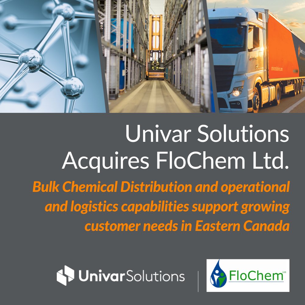 Univar Solutions acquires FloChem Ltd. 🌐 Increases Bulk Chemical Distribution offerings, commodity and specialty chemical solutions, and operational and logistics capabilities to meet growing customer needs in Eastern Canada 🖱️ prn.to/45ZDJro