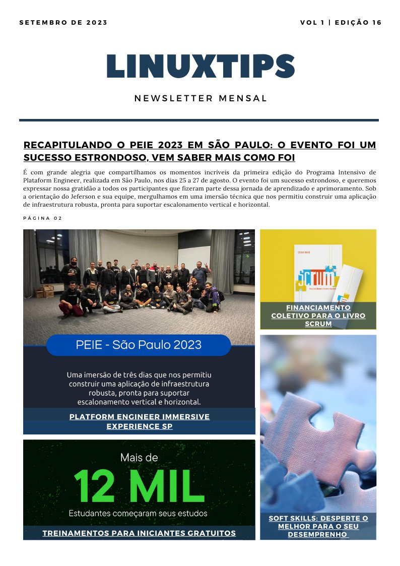 LINUXtipsBR's tweet photo. A mais recente Newsletter LINUXtips está no ar! Confira as últimas novidades sobre PEIE, Novo livro Scrum, o evento Soft Skills e os DevOpsDays Salvador. Não fique de fora, leia agora! 🚀 #Linuxtips #PEIE #Scrum #SoftSkills #DevOpsDays" https://t.co/nLyH5mkS63