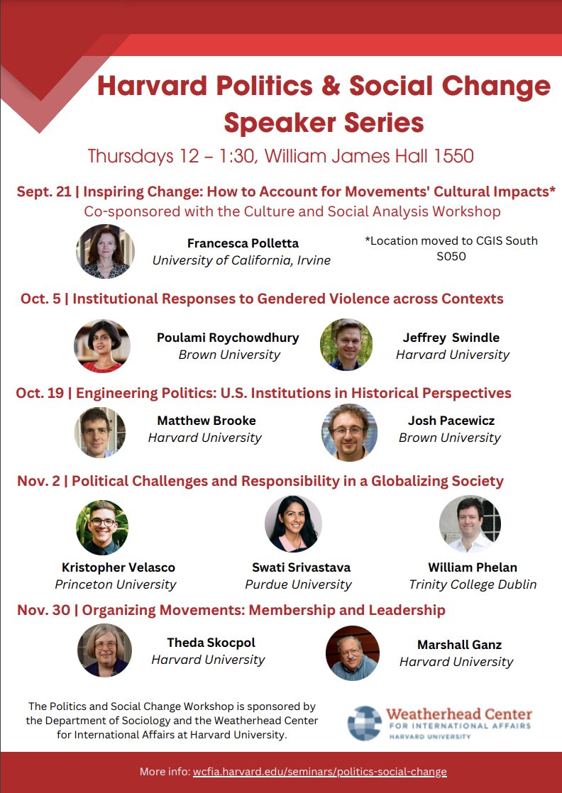 HarvardPolSoc's tweet photo. Announcing the Harvard Politics &amp; Social Change Speaker Series! 

Join us this fall in person or on Zoom for critical discussions from experts on social movements, media institutions, gendered violence, civil society, governance, and more. For more info: https://t.co/jlzY8Nia2h https://t.co/m7047jssbs
