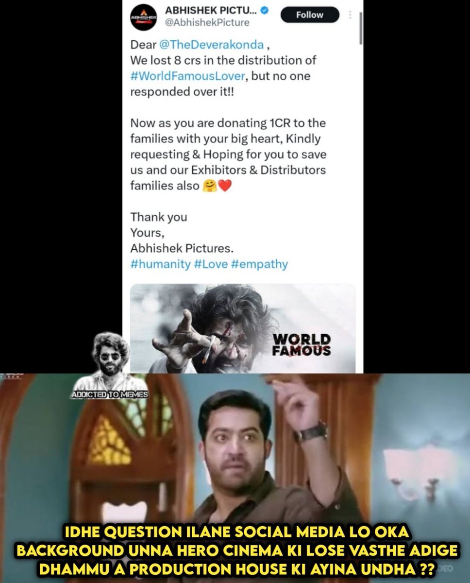 Addictedtomemez's tweet photo. @AbhishekPicture @TheDeverakonda @TheDeverakonda Love You na ❤️
Rowdy is Hated Rowdy is Loved but Rowdy is Never ignored https://t.co/FmWOqlo9L2
