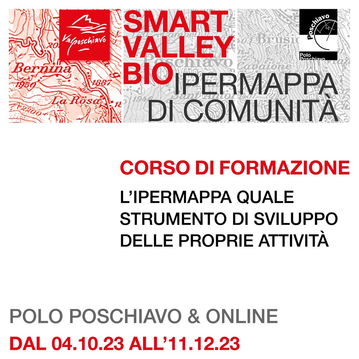 Dal 4.10. al #PoloPoschiavo e Online:
Corso di formazione gratuito per l’utilizzo dell’Ipermappa #ValposchiavoSmartValleyBio quale strumento di sviluppo delle proprie attività!
Tutte le info per partecipare gratuitamente al corso: polo-poschiavo.ch/corso-ipermapp…
Iscrizioni entro il 15.9