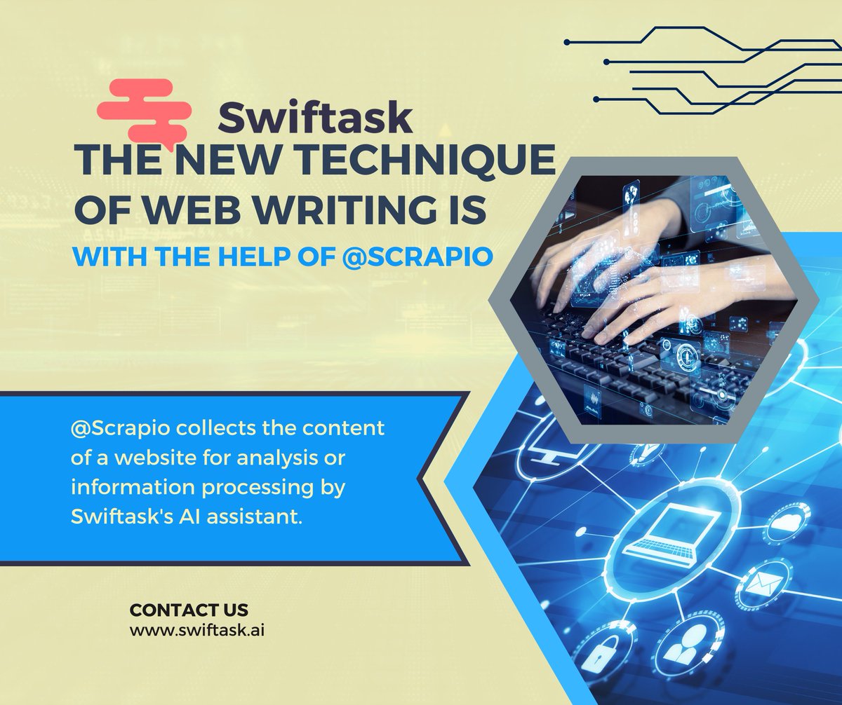 swiftask_ai's tweet image. Web writers, ready to boost your productivity? 💪 Say hello to #Scrapio from #Swiftask! Analyze site content fast and focus on what you do best - creating engaging copy. 
Try Scrapio now 👉 bit.ly/3NwHApA
#WebWriting #ContentCreation
