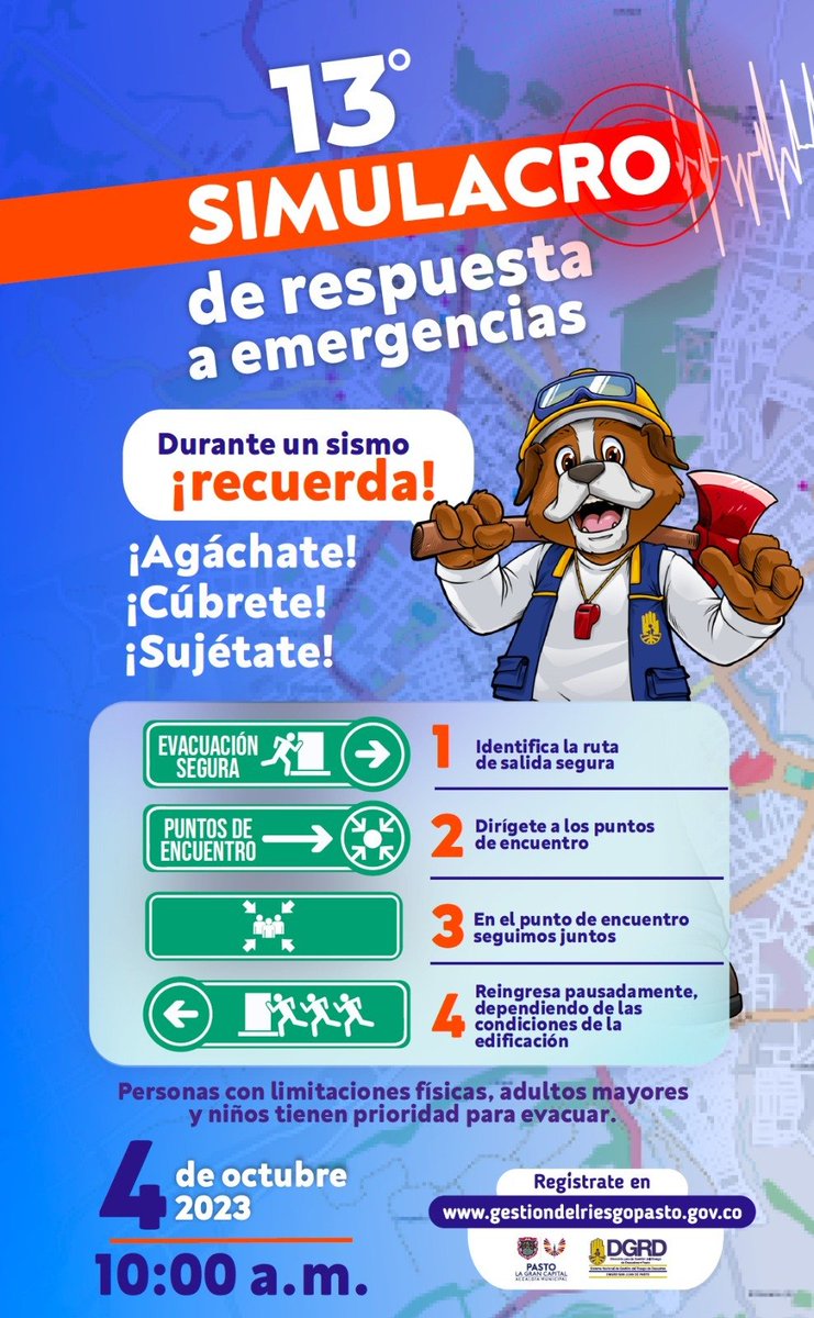 DGRDPasto's tweet photo. #LaGranCapital más preparada. #13SimulacroPasto próx 4 Octubre/10 am. Inscríbete y participa https://t.co/ZvPMTHbLgx
@alcaldiapasto
@GERMANCHAMORRO1
@bomberospasto
@UNGRD
@Empopasto
@emaspasto2
@PoliciaPasto
@claudiaortegas
@paulocesarpaz
@PastoPositiva
@CaracolPasto
@FHSP_Pasto https://t.co/5gDG2Gb44i