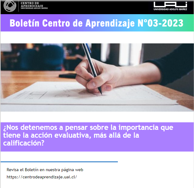 Para responder esta pregunta te invitamos a que revises la última edición del Boletín del Centro de Aprendizaje en el siguiente link:
👉 centrodeaprendizaje.uai.cl
#Evaluación