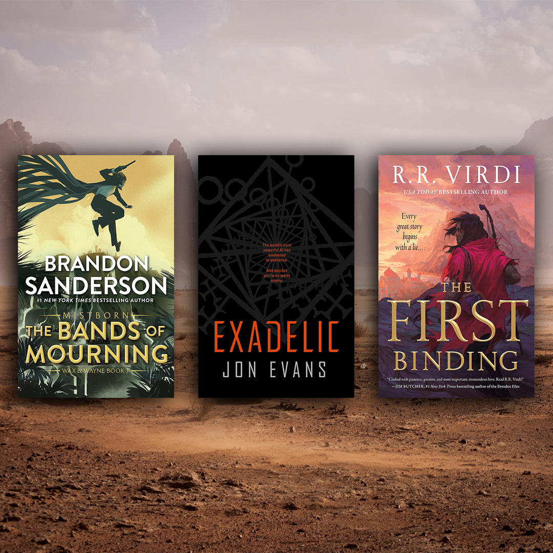 The Very Happiest of #BookBirthdays to #Exadelic by <a href="/rezendi/">Jon Evans</a>, #TheBandsofMourning in paperback by <a href="/BrandSanderson/">Brandon Sanderson</a>, and #TheFirstBinding in paperback by <a href="/rrvirdi/">R.R. Virdi - BUY | THE DOORS OF MIDNIGHT |</a>! Check them out anywhere books are sold today ⚔️