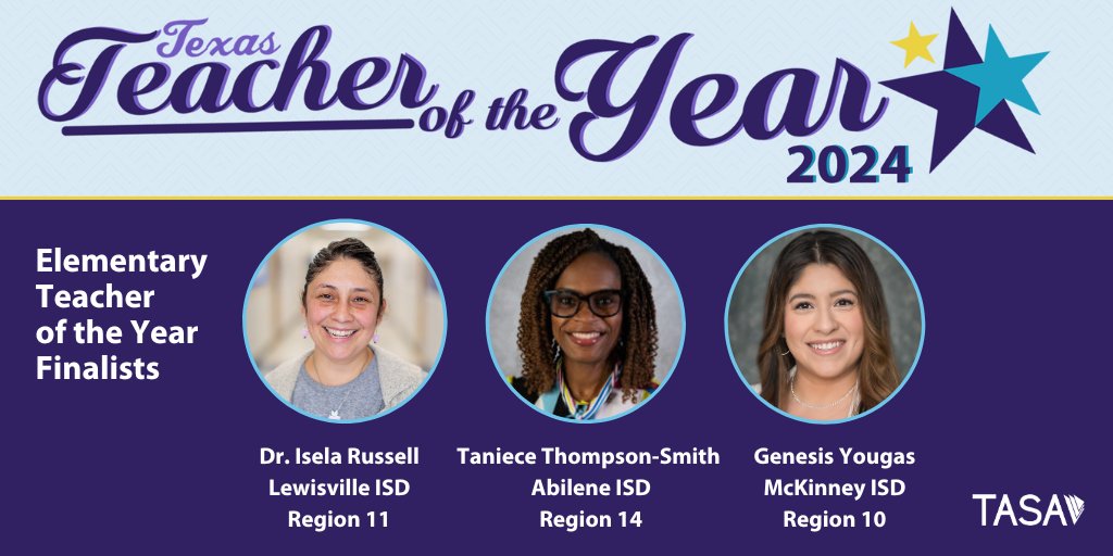 TASA just formally announced the 6 finalists for 2024 #txed Teacher of the Year! Congrats to Elementary Teacher of the Year finalists Dr. Isela Russell, Taniece Thompson-Smith + Genesis Yougas! tasanet.org/tasa-names-six… #TXTOY #InspiringLeaders