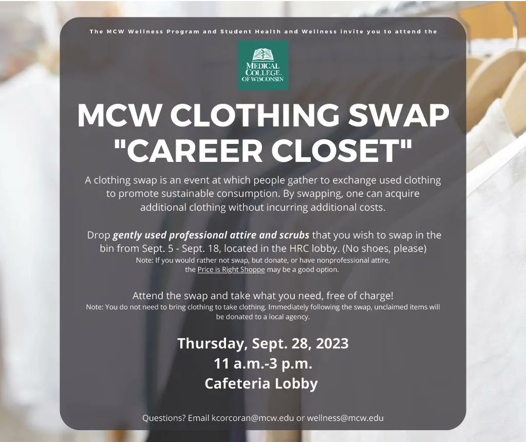 MCW Clothing Swap - 'Career Closet' set for Thursday, September 28th from 11am-3pm.  #newtoyou #sustainability