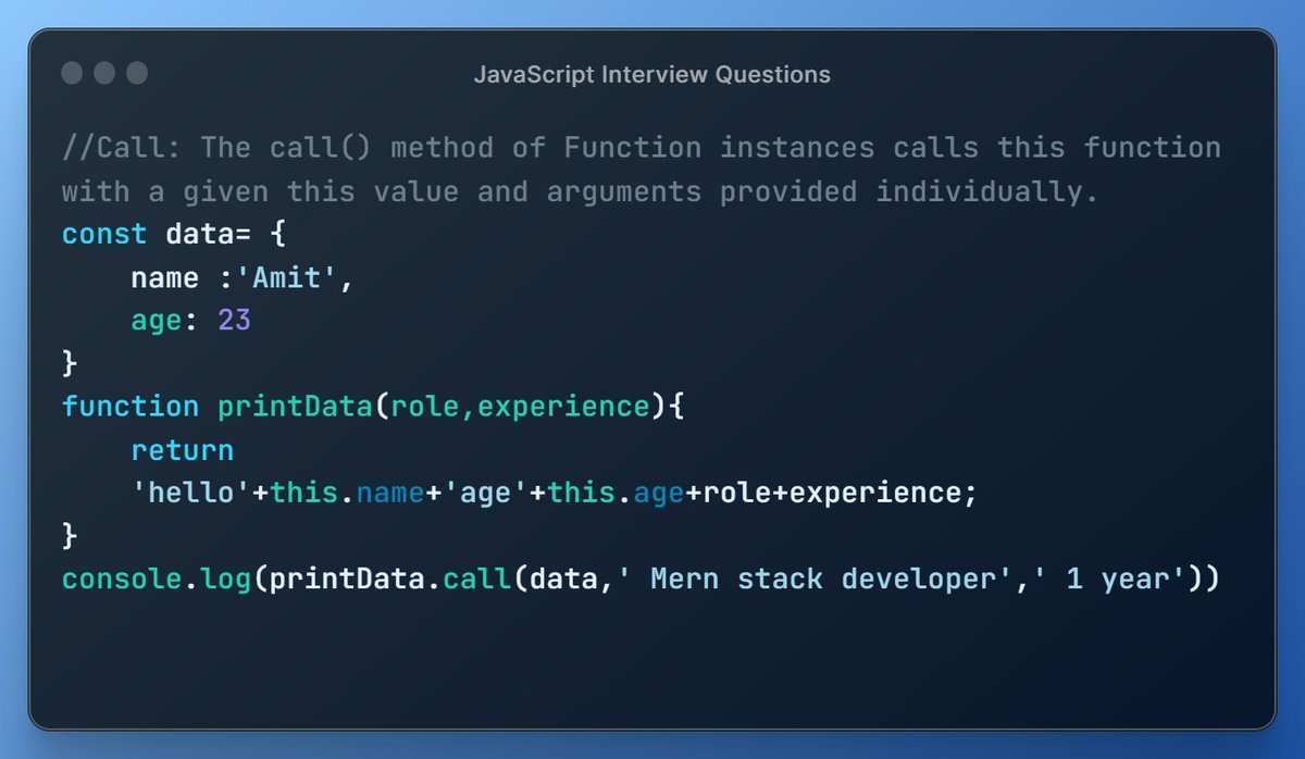 Amit Sharma (@amitsharma_045) on Twitter photo #Day6
call() in JS: method is a predefined javascript method. It can be used to invoke (call) a method with an owner object as an argument (parameter).
Follow <a href="/amitsharma_045/">Amit Sharma</a> for more Questions
#javascript #reactjs #developers #Day6
call() in JS: method is a predefined javascript method. It can be used to invoke (call) a method with an owner object as an argument (parameter).
Follow <a href="/amitsharma_045/">Amit Sharma</a> for more Questions
#javascript #reactjs #developers